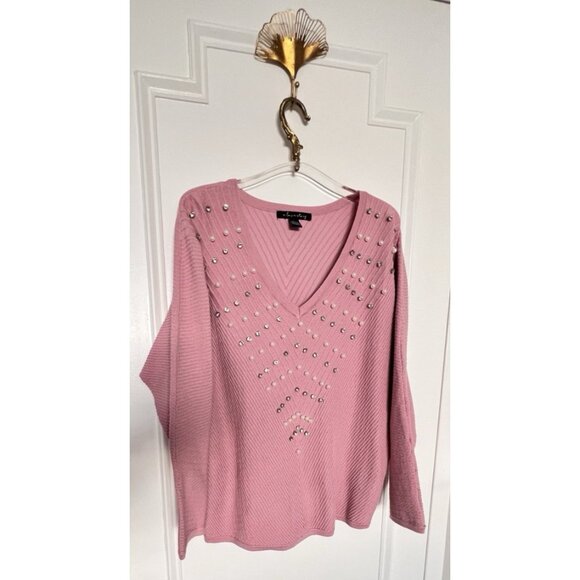 Pink Size L V-Neck Sweater With Pearl & Rhinestone Accents Ribbed A Love Story - Picture 2 of 13